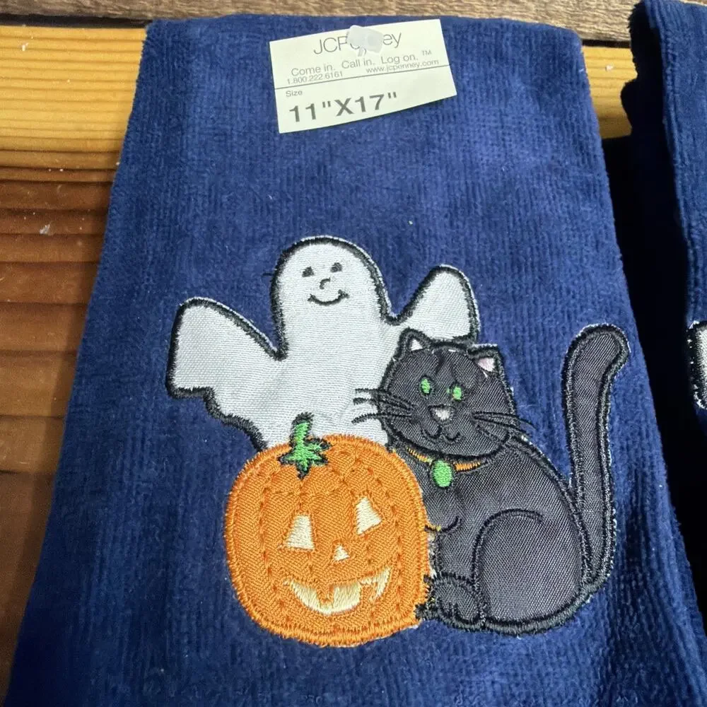 Set Of 7 Navy Halloween Towels Ghost Cat Pumpkin JCPenney 11x17 New
